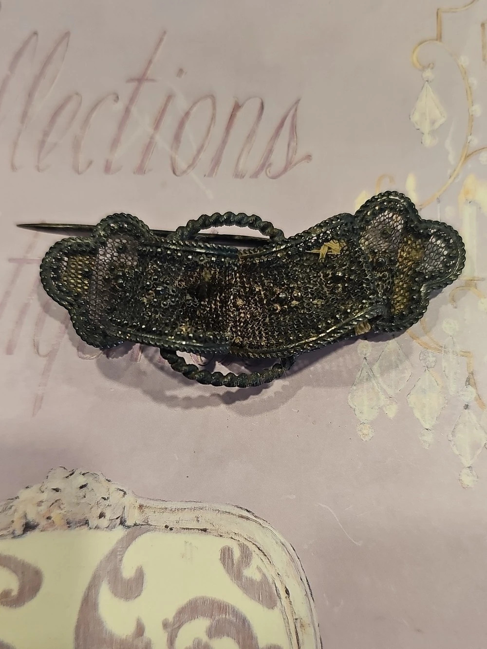 Antique 1800s Victorian Mourning Sash Pin Metal Mesh Jett Beads